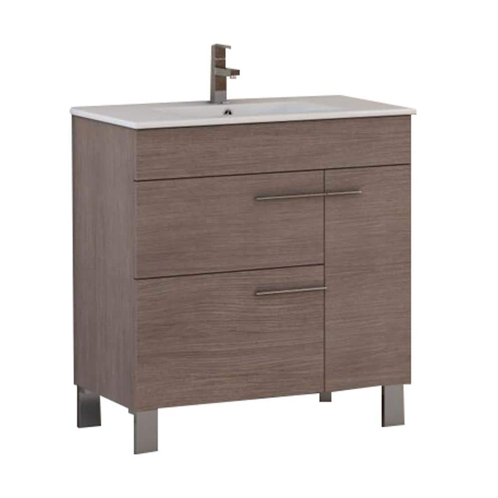 Medium Oak 32" Modern Bathroom Vanity with White Porcelain Sink