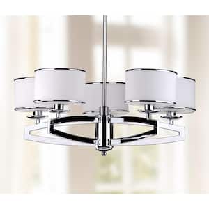 Lenora Drum 5-Light Chrome Hanging Pendant Lighting Chandelier with Etched White Shade
