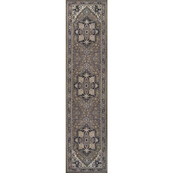 Cirali Ornate Large Medallion Machine-Washable Green/Navy/Cream 2 ft. x 8 ft. Runner Rug
