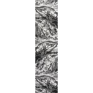 Swirl Marbled Abstract Black/Ivory 2 ft. x 10 ft. Runner Rug