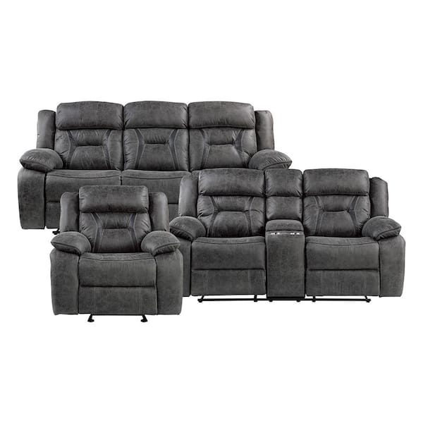 Lazzara Driscoll 84.5 in. W. Pillow Top Arm Microfiber Rectangle 3-Piece Manual Reclining Sofa Set in Gray