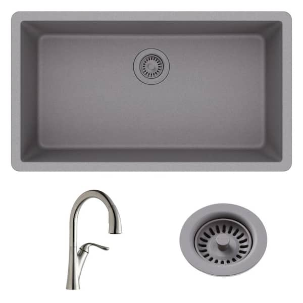 Elkay Quartz Classic Undermount 33 In Single Bowl Kitchen Sink With Faucet And Drain In Greystone Vbthd184 The Home Depot