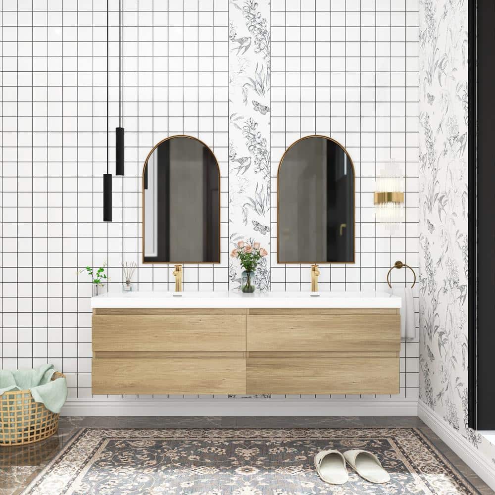 72 in. W x 19 in. D Double Sink Wall-Mounted Bathroom Vanity in Natural Oak