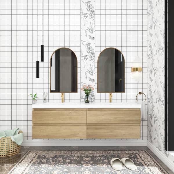 Unbranded 72 in. W x 19 in. D Double Sink Wall-Mounted Bathroom Vanity in Natural Oak with Glossy White Culture Marble Top
