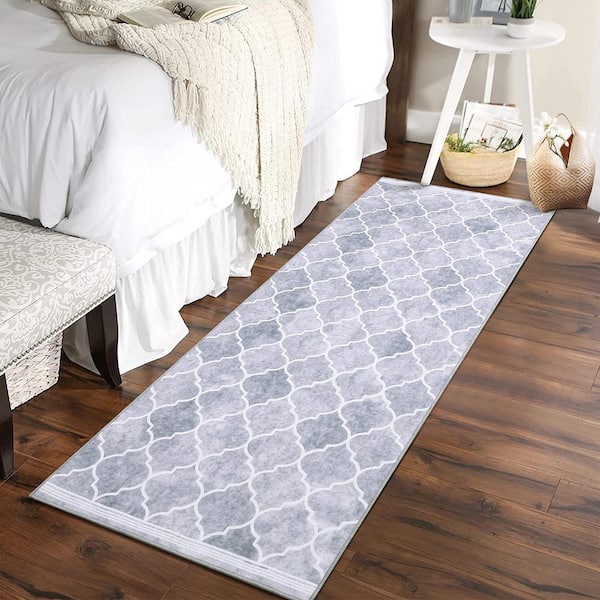 Vintage Grid Printed Rug Low Pile Non-slip Carpet Washable Area Rug Home Decor Rug Gray, 2X6ft