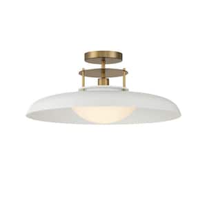 Gavin 20 in. W x 9 in. H 1-Light Matte White with Warm Brass Accents Semi-Flush Mount and Opal Glass Shade