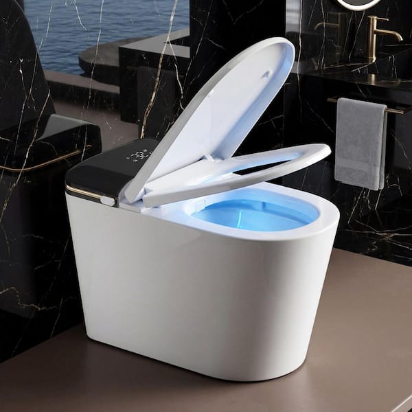 Elongated 1.28 GPF Smart Bidet Toilet with Foam Shield, Massage Seat, Auto Open/Close, Front Feminine Wash in White