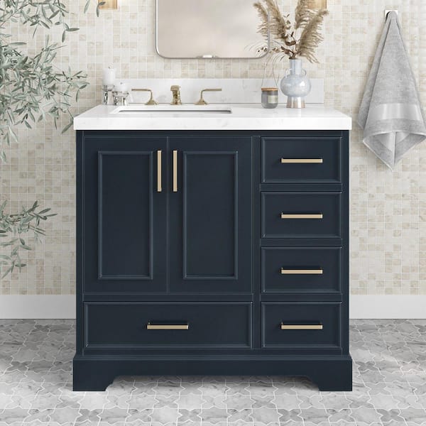 ARIEL Stafford 36 in. W x 22 in. D x 36 in. H Single Freestanding Bath Vanity in Midnight Blue with Carrara White Quartz Top