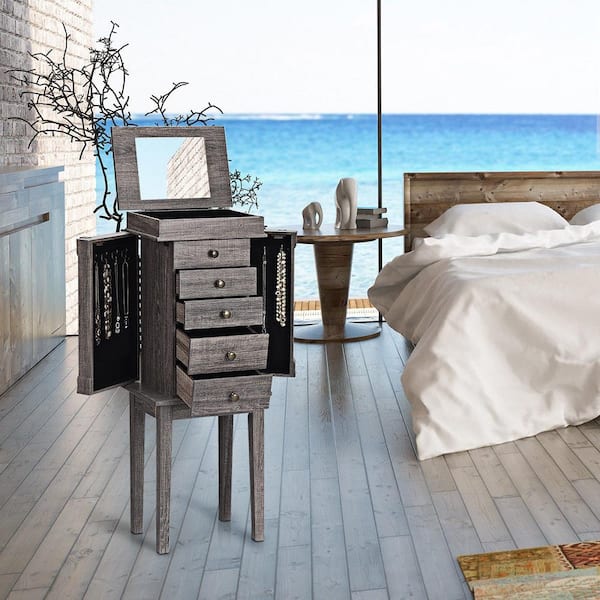 Standing Jewelry Cabinet Storage Organizer Wood Legs Mirror&5 Drawers Christmas Gift