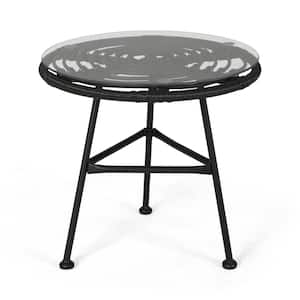Orlando Grey Round Woven Faux Rattan Patio Outdoor Side Table with Glass Top
