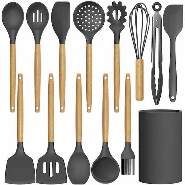 14 Piece Gray Silicone Cooking Utensils Kitchen Utensil Set 446°F Heat Resistant Spatula Turner Tongs Spoon Brush Whisk