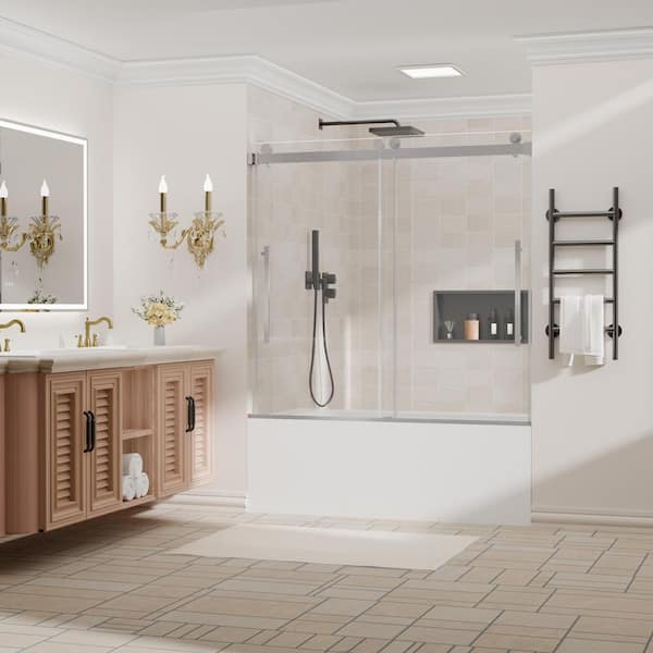 56 in. to 60 in. W x 58 in. H Sliding Frameless Tub Door in Brushed Nickel with 4/1 in. Tempered Clear Glass