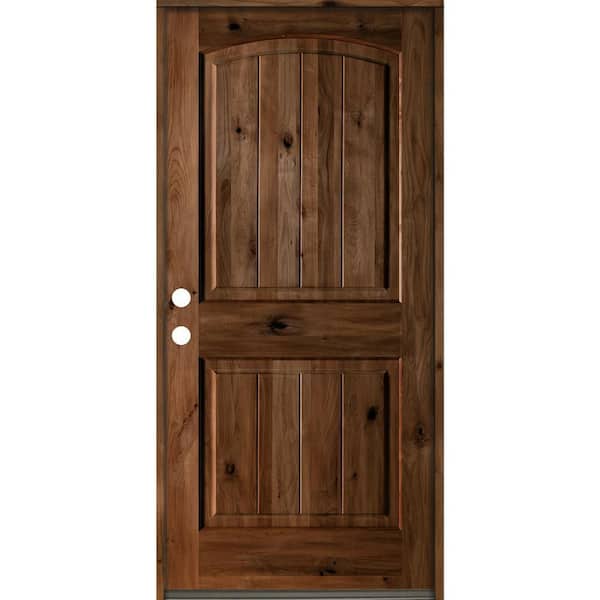 Krosswood Doors 42 in. x 80 in. Rustic Knotty Alder Arch Top V-Grooved Provincial Stain Right-Hand Wood Single Prehung Front Door