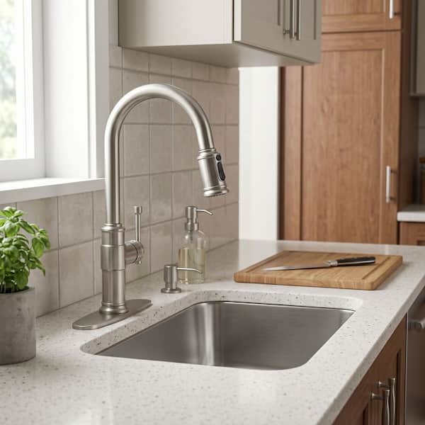 Brushed Nickel 16.2 in. Single Handle Pull Down Sprayer Kitchen Faucet with 360° Spout Swivel in Stainless Steel