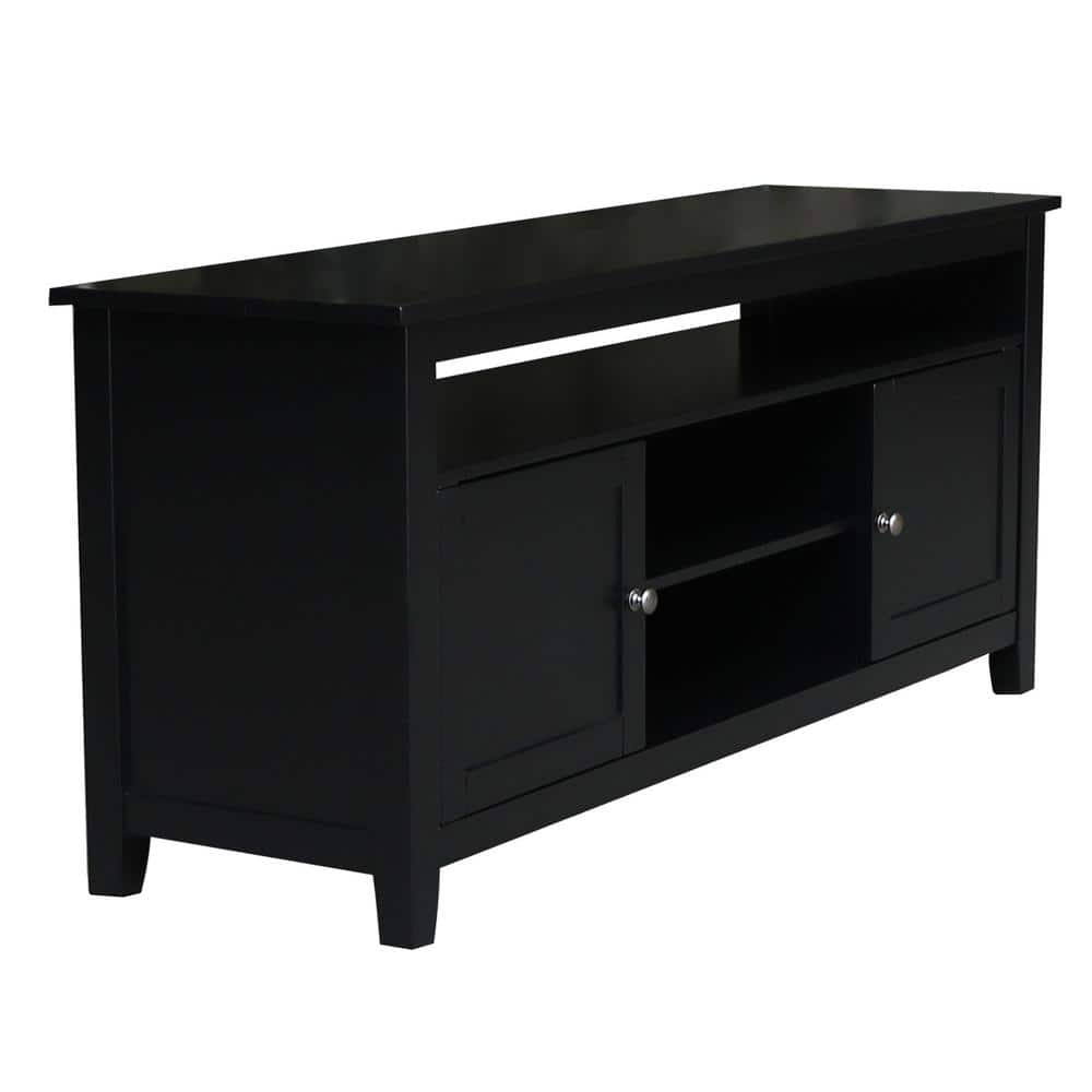 Black Solid Wood TV Stand with Cabinets and Shelves