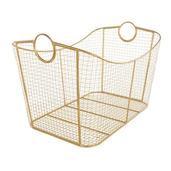 Litton Lane - Geometric Gold Metal Wire Grid Storage Basket with Curved Edges Ring Handles