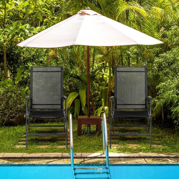 Black Folding Metal Outdoor Lounge Chair with Adjustable Backrest (2-Pack)