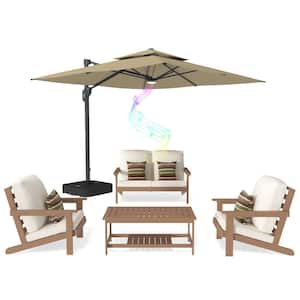 5-Piece Patio Conversation Set HIPS Plastic Lounge Chairs Coffee Table Patio LED Cantilever Umbrella and Beige Cushion