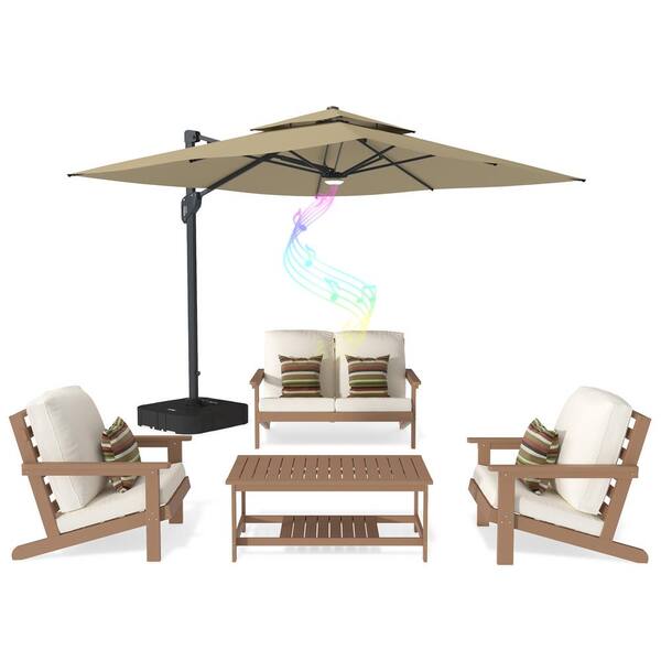 Mondawe 5-Piece Patio Conversation Set HIPS Plastic Lounge Chairs Coffee Table Patio LED Cantilever Umbrella and Beige Cushion