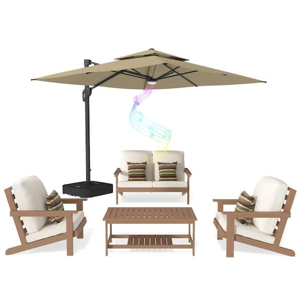 Mondawe 5-Piece Patio Conversation Set HIPS Plastic Lounge Chairs Coffee Table Patio LED Cantilever Umbrella and Beige Cushion