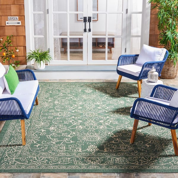 Courtyard 8 ft. x 8 ft. Square Dark Green/Beige Border Antique Floral Indoor/Outdoor Area Rug