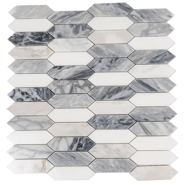 Toscana 4 x 5 in. White Gray Polish Calcatta Bluette Thassos White Elongated Picket Marble Mosaic Wall Floor Tile Sample