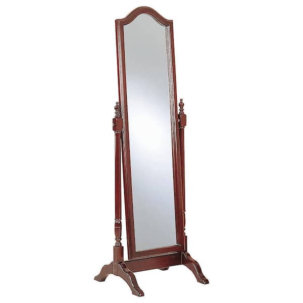 Benjara Brown 23 in. W x 65 in. H Crowned Top Standing Cheval Mirror with Wooden Frame Turned Posts