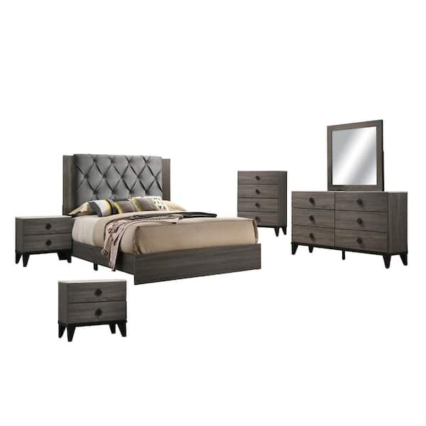 Best Quality Furniture Madelyn 6-Piece Grey-Walnut Color Queen Bedroom Set