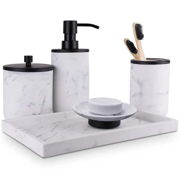 Premium 4 Pcs Matte Black Bathroom Accessories Set Complete with Black Marble Tray. Bathroom Soap Dispenser Set. Bathroom Decor Sets Accessories