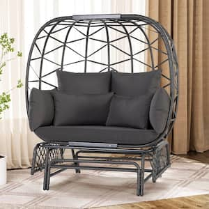 2-Person Glider Gray Wicker Patio Outdoor Lounge Egg Chair with Gray Cushion