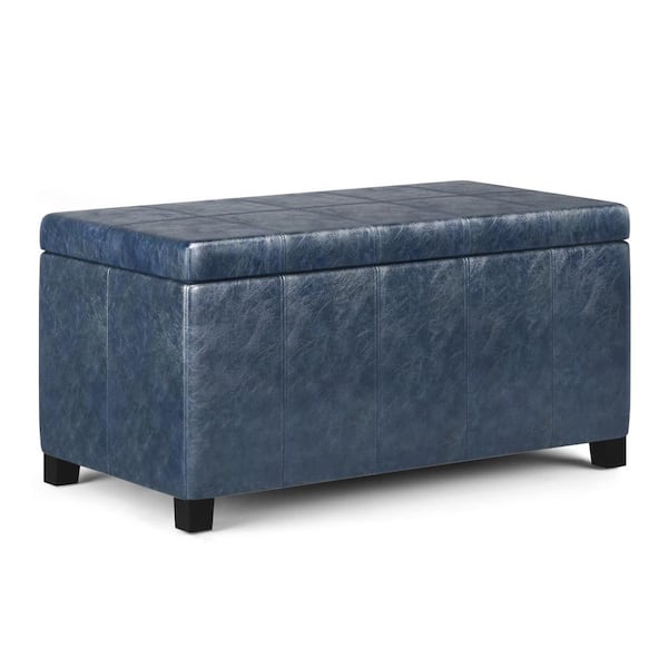 Simpli Home Dover 36 in. Wide Contemporary Rectangle Storage Ottoman Bench in Denim Blue Vegan Faux LeatherBedroom Bench