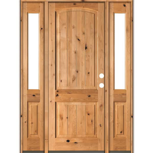 Krosswood Doors 64 in. x 96 in. Rustic Knotty Alder Arch clear stain Wood w.V-Groove Left Hand Single Prehung Front Door/Half Sidelites