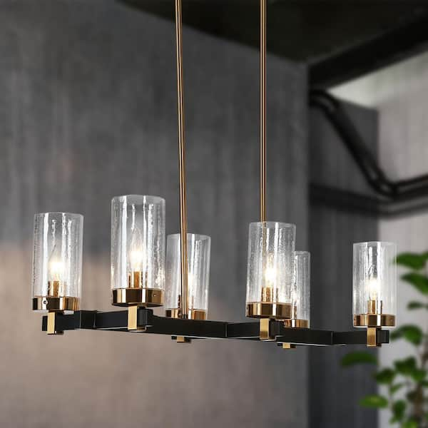 27 in. 6-Light Modern Black Island Chandelier, Seeded Glass Brass Gold Pendant Light, Farmhouse Dining Room Chandelier