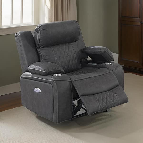 Benjara Gray Faux Leather Power Standard Recliner with USB Port and Storage