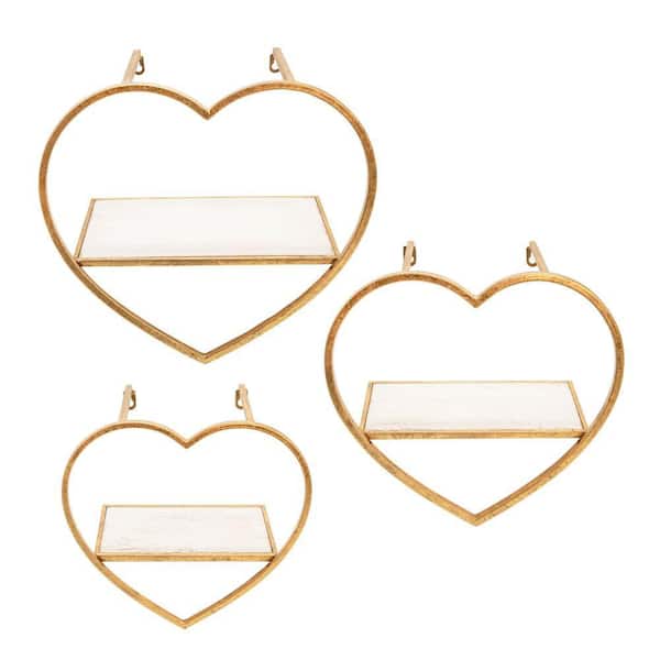 Benjara 16 in. x 8 in. x 15 in. Gold Heart Shaped Metal and Wooden Shelf (Set of 3)
