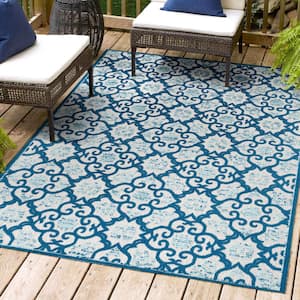 Gallia Tile Trellis High-Low Light Gray/Blue 3 ft. x 5 ft. Indoor/Outdoor Area Rug