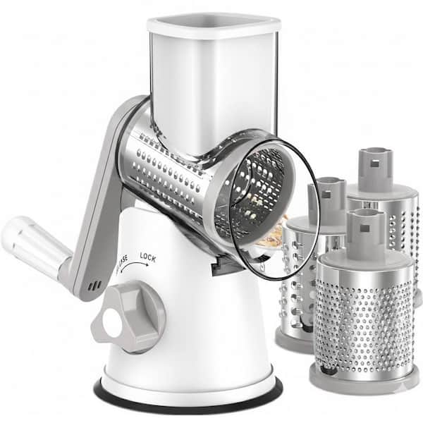 White Rotary Cheese Grater with Stainless Steel Blades for Fast Slicing Shredding Vegetables and Nuts
