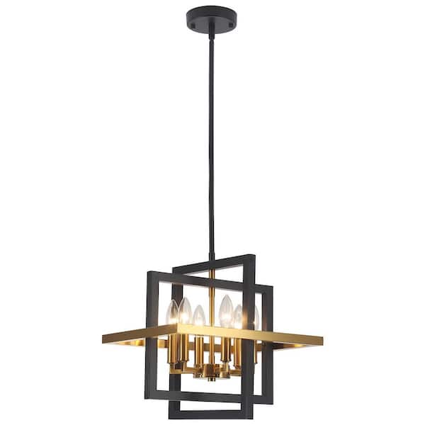 6-Light Black and Gold Industrial Chandelier, Adjustable Height Rectangle Chandeliers for Entryway