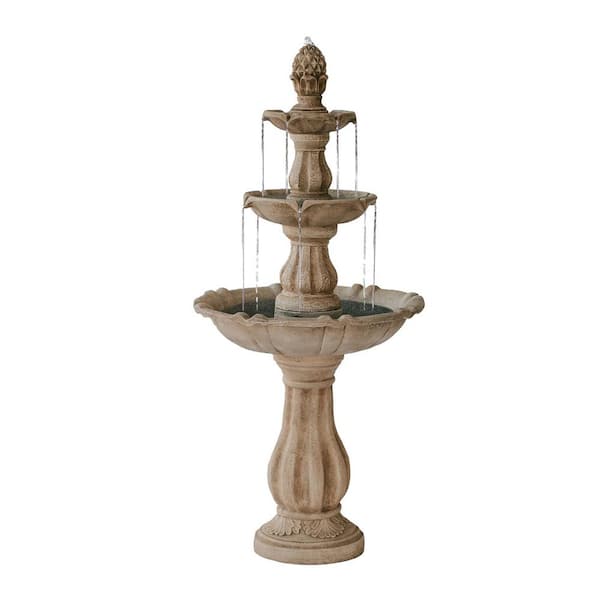 Resin Freestanding Waterfall Decor 3-Tier Water Fountain, Pump and Pineapple Top, 51 in. Tall, Beige, Large Outdoor