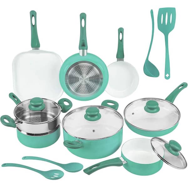 Ivation 16-Piece Turquoise Non-Stick Ceramic Cookware Set with Lids