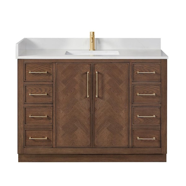 Jakarta 48 in. W. x 22 in. D x 33.9 in. H Single Bath Vanity in Aged Dark Brown Oak with Silk White Quartz Stone Top