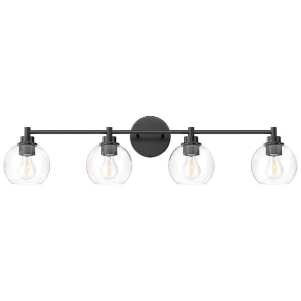33.5 in. 4-Light Matte Black Vanity Light with Clear Glass Shade E26 Sockets for Bathroom Bedroom Hallway Living Room