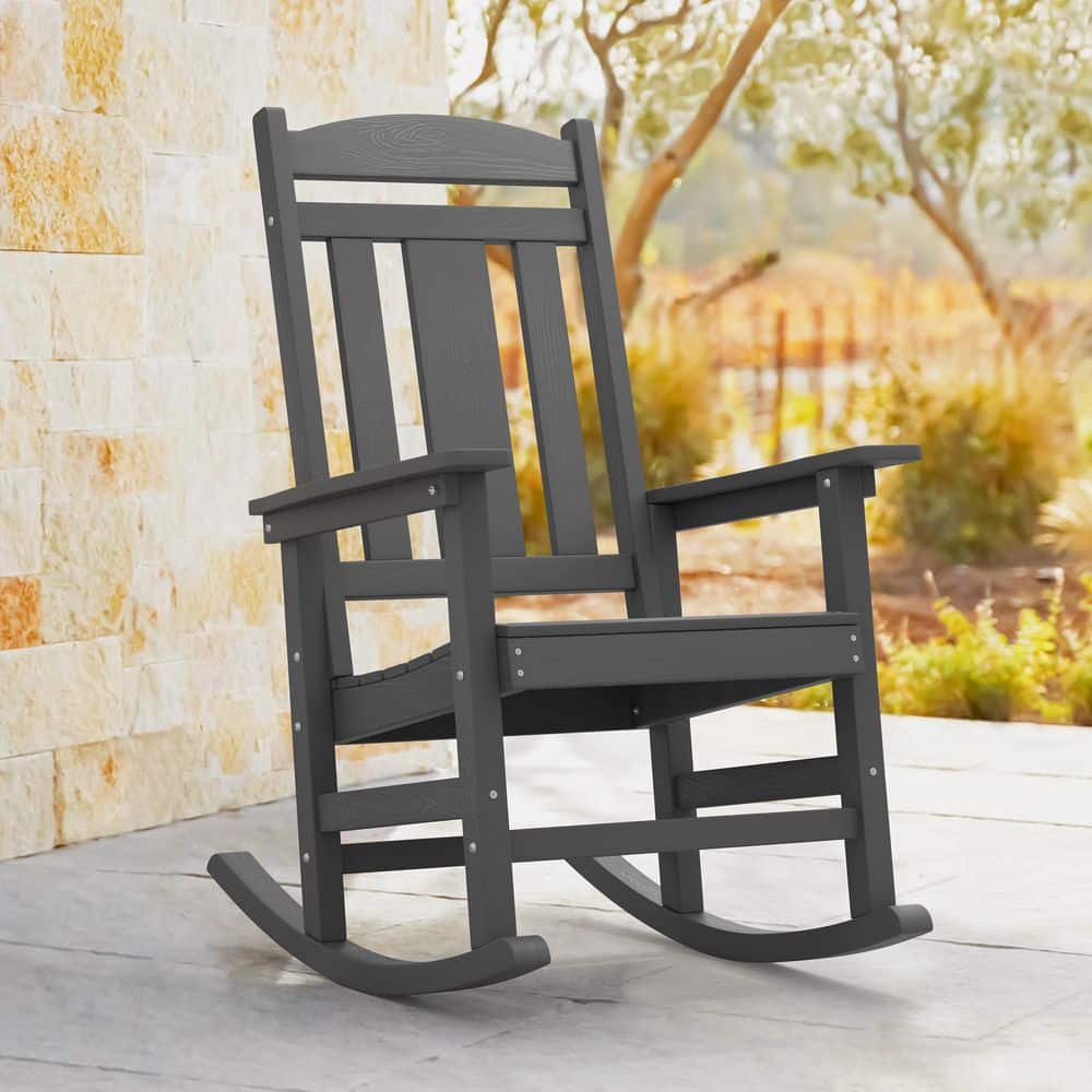 LUE BONA Dark Gray Plastic Adirondack Outdoor Rocking Chair Porch Rocker Patio Rocking Chairs