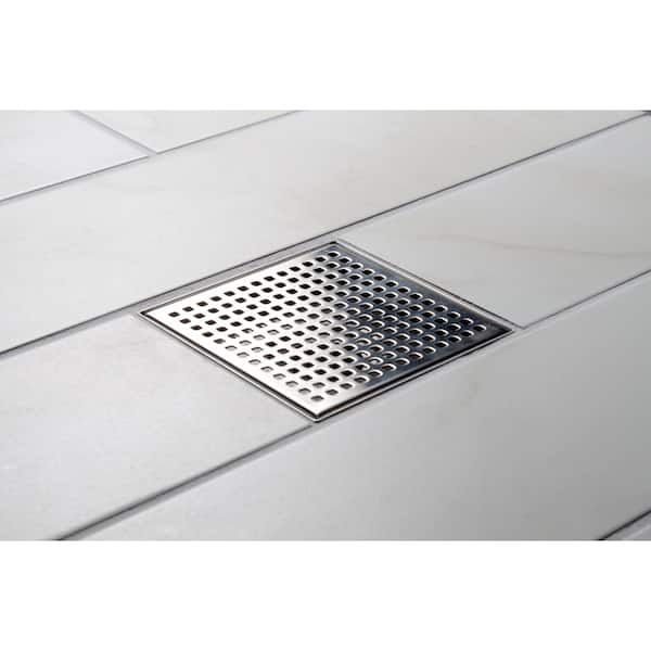 6 Inch Square Shower Floor Drain With Tile Insert Grate, Stainless Steel Brushed