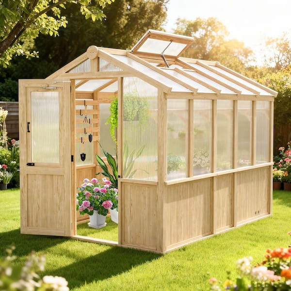 6.7 ft. W x 9.7 ft. D x 7.7 ft. H Wooden Greenhouse Walk-in with 6mm PC Panel Automatic Roof Vent for Outdoor Backyard