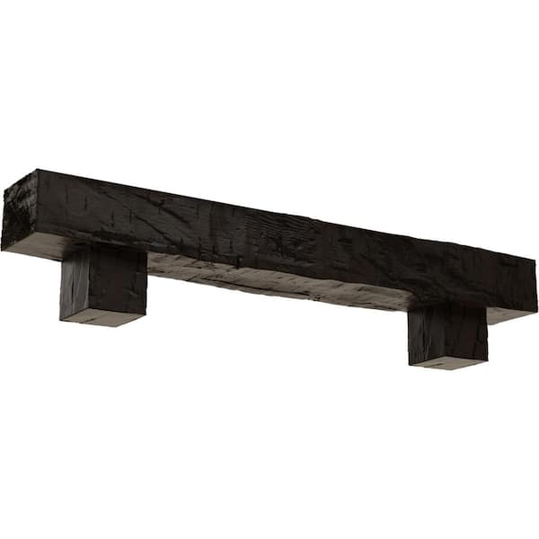 Ekena Millwork 4 in. x 6 in. x 4 ft. Hand Hewn Faux Wood Fireplace Mantel Kit with Alamo Corbels, Premium Walnut