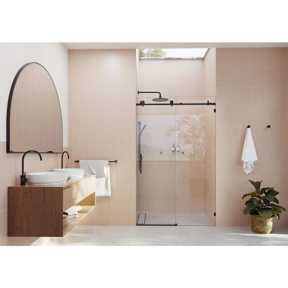 Matte Black Frameless Sliding Shower Door with Tempered Glass Panels