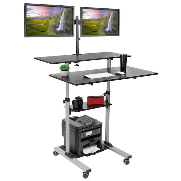 40 in. Grey Mobile Standing Desk with Dual Monitor Mount, Height Adjustable Rolling Computer Workstation Wheels