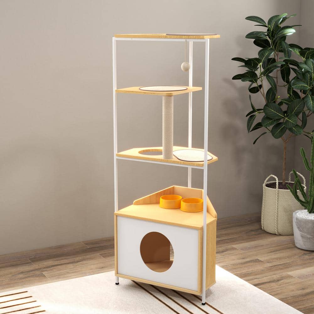 Corner Cat Tower with Scratching Post and Feeding Station