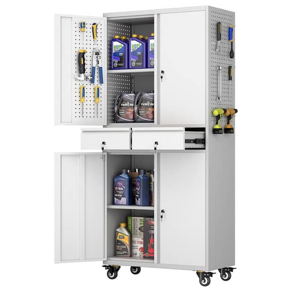 Kaikeeqli 15 in. D x 30 in. W x 71 in. H Metal Storage Freestanding Cabinet with 2-Drawer, 2-Shelf and Wheels in Gray and White